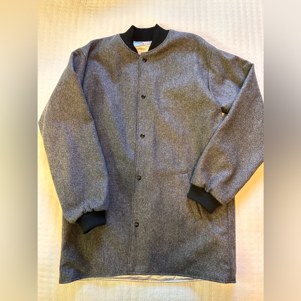 Handmade, retro, vintage style men’s long wool coat. Satin lined. Snap front.